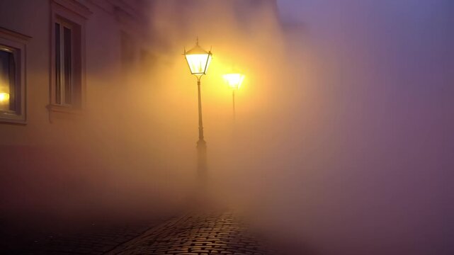 A thick fog blankets a quiet street illuminated by golden lamplight. The mysterious atmosphere and gentle glow create a peaceful yet eerie scene, highlighting the beauty of night, mist, and silent cit