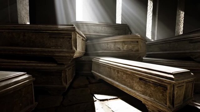 Old wooden coffins are stacked in a dark crypt as beams of sunlight filter through narrow windows. The abandoned, dusty scene evokes mystery, history, and an eerie atmosphere of silence and solitude.