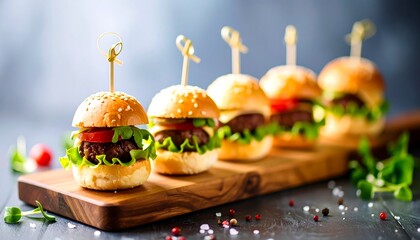 Miniature hamburgers on skewers, arranged on a wooden board