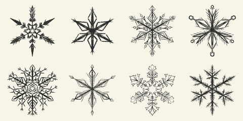 Chalk textured grunge snowflakes set. Sketch crayon frosty crystals. Winter doodle pastel hand drawn decoration, whimsical detailed snow ornament. Christmas, seasonal art. Vector illustration isolated