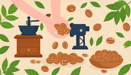 Hands cracking walnuts, a vintage grinder, and a bowl of nuts