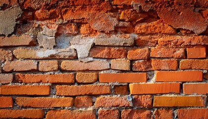 naked orange brick wall surface with plaster layer abandoned ruins texture background for design wallpaper construction building vertical