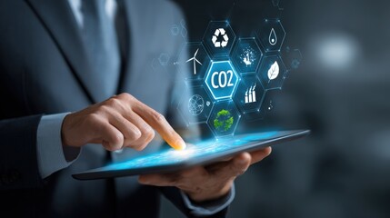 Business Professional Using Tablet with Holographic CO2 Reduction Interface