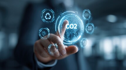 Fototapeta premium Businessman Interacting with Holographic Eco-Friendly Icons in Modern Office