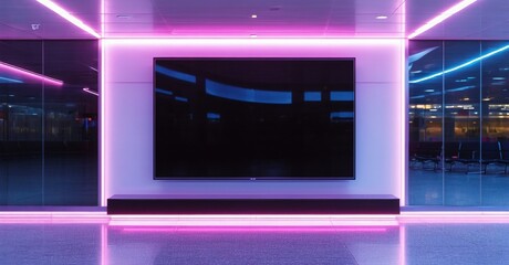 Glossy black television off airport interior with neon ceiling lights