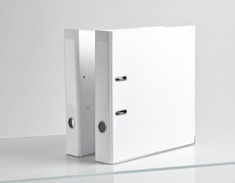 Two white ring binders standing side by side on a glass shelf in a bright office