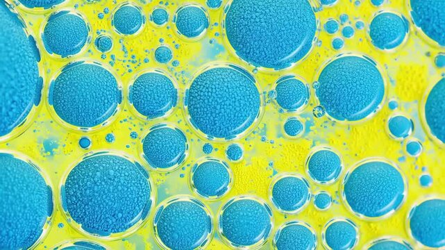 Vibrant blue circles of various sizes float on a yellow background, forming a mesmerizing abstract pattern. The playful mix of colors and shapes creates a dynamic, creative, and visually appealing sce