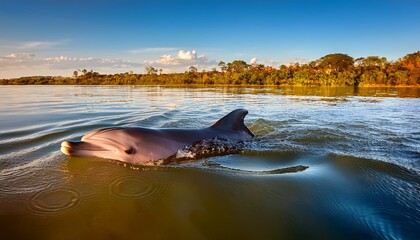Fototapeta premium a bolivian river dolphin inia boliviensis swimming on the calm waters of the guapore itenez river near the remote village of mategua beni bolivia on the border with rondonia state brazil
