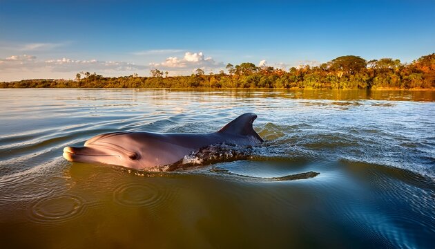 a bolivian river dolphin inia boliviensis swimming on the calm waters of the guapore itenez river near the remote village of mategua beni bolivia on the border with rondonia state brazil