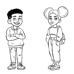 Line art vector illustration of an African American boy and girl in casual outfits. Cute diverse characters for children’s coloring books, school activities, or inclusive educational materials.