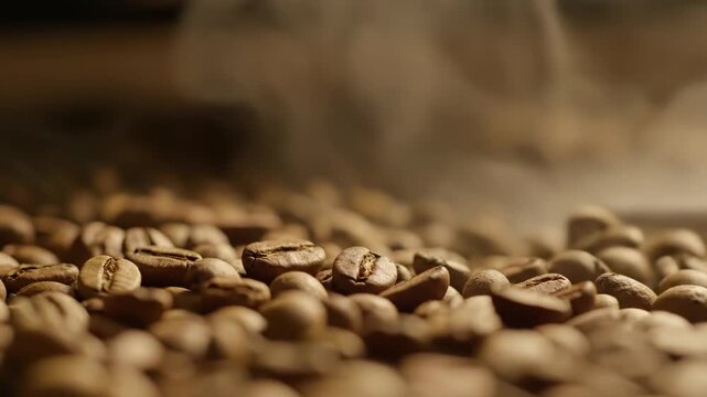 Coffee beans scattered on a surface with a blurred background