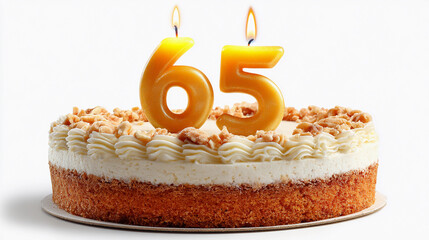 65th birthday cake with candles and nuts, celebrating a special occasion with sweet flavor and joyful atmosphere