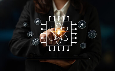 Naklejka premium A quantum computing processor as the core of future technology. This innovation will power advancements in AI, blockchain, and complex problem solving. Motif