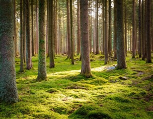 Obraz premium beautiful pine and fir forest with green moss on the forest floor