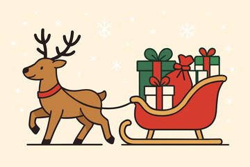 Fototapeta premium Reindeer pulling sleigh with colorful Christmas gifts in winter scene 