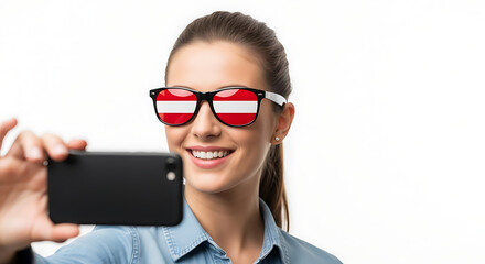 Austrian national day woman selfie with austria flag sunglasses travel tourism austrian culture vacation austrian pride and patriotism