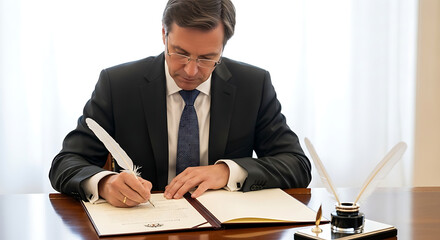 Austrian national day man signing official document with quill pen formal business agreement contract signature legal notarized