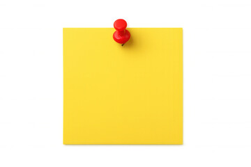 Yellow blank sticky note with red pushpin for reminder or important message, transparent background, clipping path