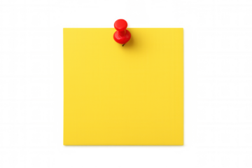 Yellow blank sticky note with red pushpin for reminder or important message, transparent background, clipping path
