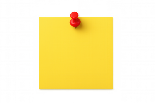 Yellow blank sticky note with red pushpin for reminder or important message, transparent background, clipping path