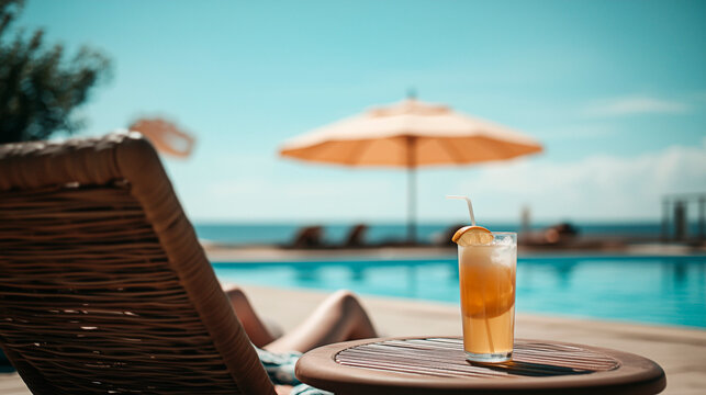 A man in a beach chair with a drink on the table enjoys relaxing by the pool at a resort. Bright sunshine, a calm atmosphere.