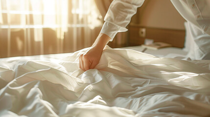 A close-up of a woman's hands carefully tucking a pillow into a bed in a cozy hotel. Vertical shot, morning, summer. The atmosphere is cozy, clean, and caring.