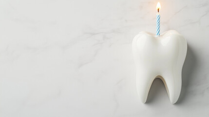 Dental jaw model placed across the frame with a single sparkling birthday candle. Creative medical and celebration concept blending dentistry with festive humor