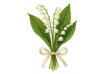 Obraz premium Lily of the valley bouquet with leaves and a bow, vintage botanical illustration displaying spring blossoms