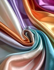 Swirling, colorful satin fabrics in various shades of pastel and muted tones.  A close-up view shows the luxurious drape and texture