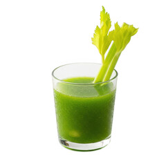 A glass of bright green celery juice with celery stalks, isolated on transparent background