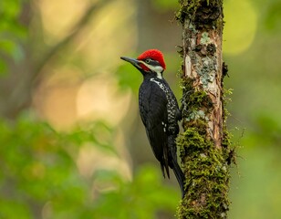 A Pileated Woodpecker perches on a tree trunk