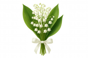 Lily of the valley bouquet with white ribbon, symbolizing spring, luck, freshness, and nature, transparent background