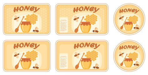 Label design for a honey jar or packaging. Vector illustration with a honey jar, honeycomb, spoon, and bees. Suitable for branding and advertising natural organic honey.