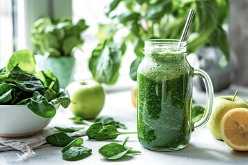 Green smoothie with spinach, apple, and lemon for detox