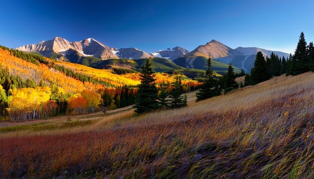 late afternoon on the fall foliage on the slopes of the sneffels range of the san juan mountains as seen from the dallas divide near ridgway colorado usa