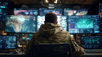 Soldier Analyzing Aircraft Movement in High-Tech Operations Room with Multiple Monitors