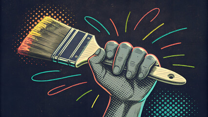 Collage element - halftone hand with brush on dark background. Vintage retro pop art effect, hand gestures, neon lines.