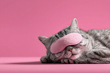 Cute gray cat sleeping soundly wearing a pink eye mask on a pink background