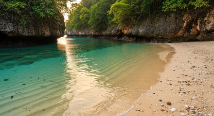 Obraz premium Discover paradise in this stunning tropical cove with pristine turquoise waters and lush green cliffs, perfect for travel inspiration and serene escapes