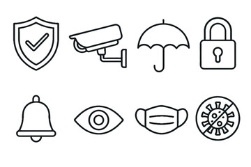 Outline vector icons of protection: shield, camera, umbrella, lock, mask  