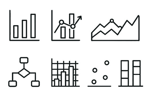 Outline vector icons of data visualization: bar chart, line graph, scatter plot, flowchart, and more &mdash; set of modern line style icons, transparent background.  