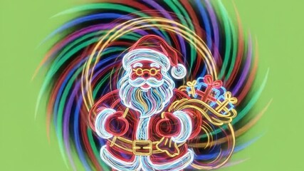 Glowing Santa: A whimsical neon portrayal of a jolly Santa Claus, radiant in his traditional attire, poised with a sack brimming with gifts, set against a vibrant, swirling backdrop. - Powered by Adobe