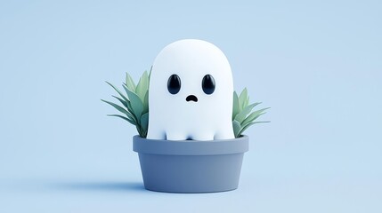 A cute ghost character peeking out from a pot filled with vibrant green plants, creating a whimsical atmosphere.