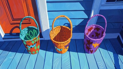 Colorful woven baskets arranged on a wooden porch, adding charm and character to the home environment.