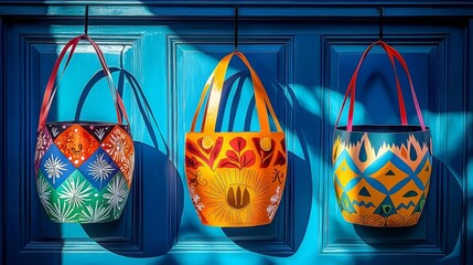 Brightly colored traditional baskets hanging against a vibrant blue background, showcasing cultural craftsmanship.