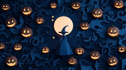 A whimsical Halloween scene featuring a witch surrounded by glowing pumpkins and a full moon in the background.