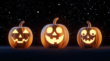 Three glowing Halloween pumpkins with cheerful expressions against a starry night sky, perfect for festive imagery.