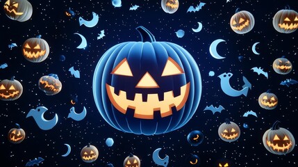 A vibrant Halloween scene featuring a glowing pumpkin surrounded by spooky elements in a starry night background.
