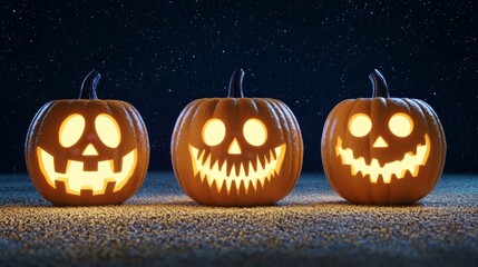 Three smiling jack-o'-lanterns glowing in the dark, perfect for Halloween decor and autumn festivities.
