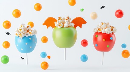 Colorful candy apples with popcorn toppings create a festive and playful dessert display.